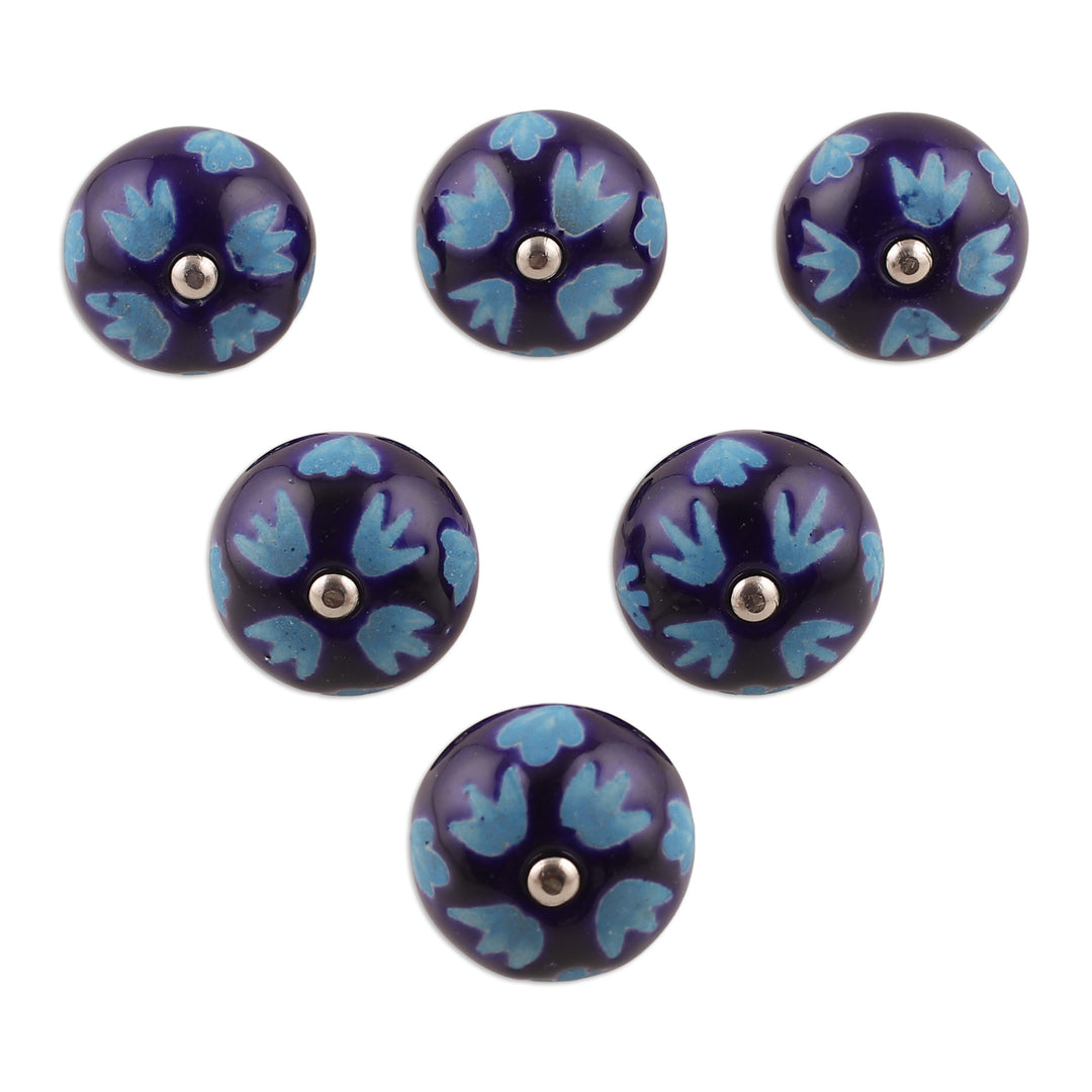 Set of Six Hand-Painted Leafy Round Blue Ceramic Knobs - Midnight Foliage