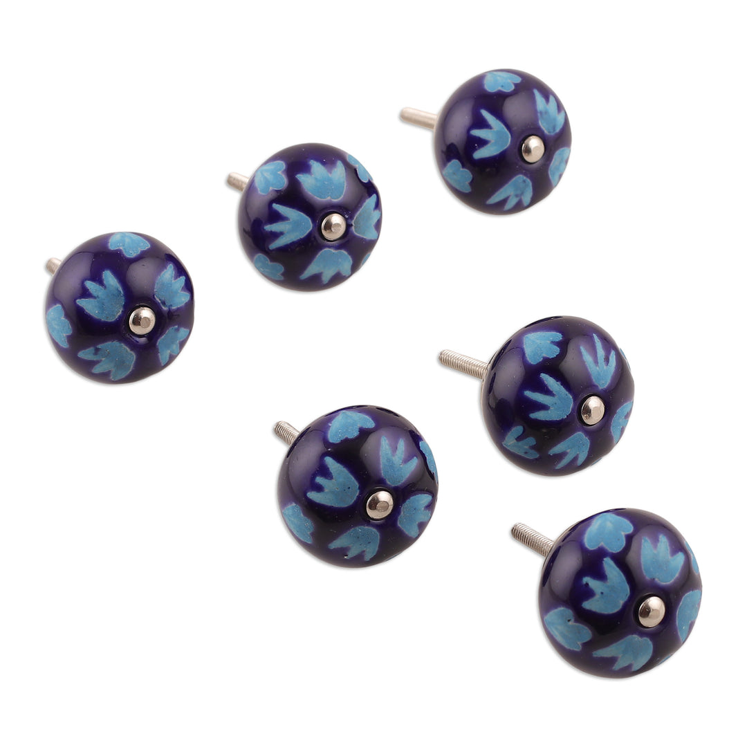 Set of Six Hand-Painted Leafy Round Blue Ceramic Knobs - Midnight Foliage
