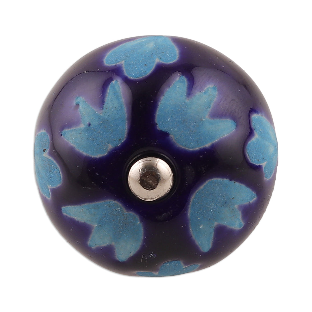 Set of Six Hand-Painted Leafy Round Blue Ceramic Knobs - Midnight Foliage