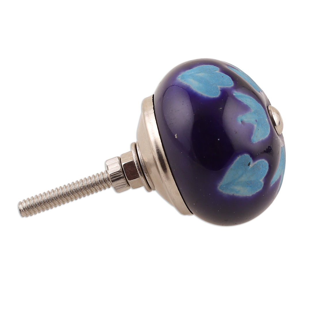 Set of Six Hand-Painted Leafy Round Blue Ceramic Knobs - Midnight Foliage