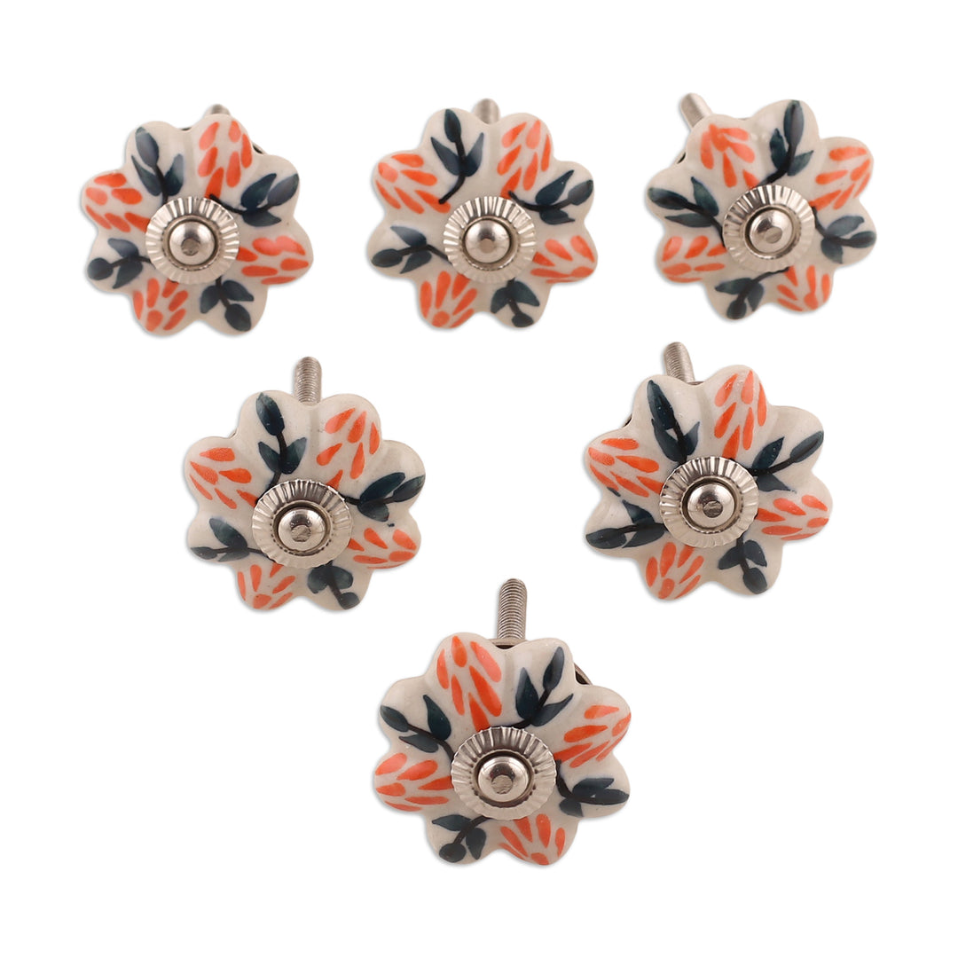 Set of Six Hand-Painted Leafy Flower-Shaped Ceramic Knobs - Flower Sunshine