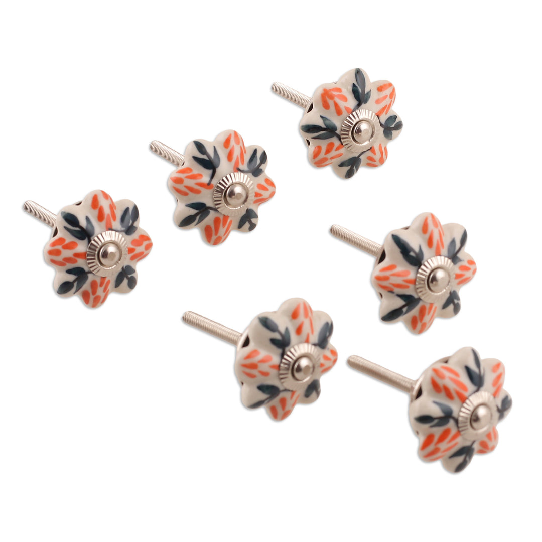 Set of Six Hand-Painted Leafy Flower-Shaped Ceramic Knobs - Flower Sunshine