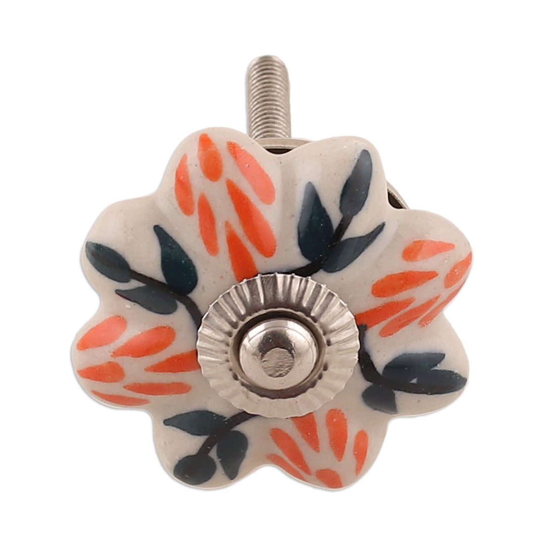Set of Six Hand-Painted Leafy Flower-Shaped Ceramic Knobs - Flower Sunshine