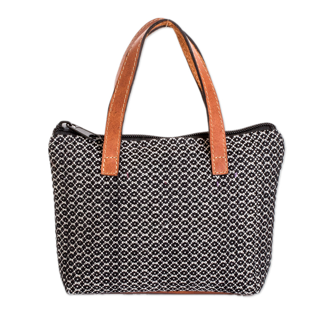 Handloomed Leather-Accented Onyx and White Cotton Handbag - Onyx Time