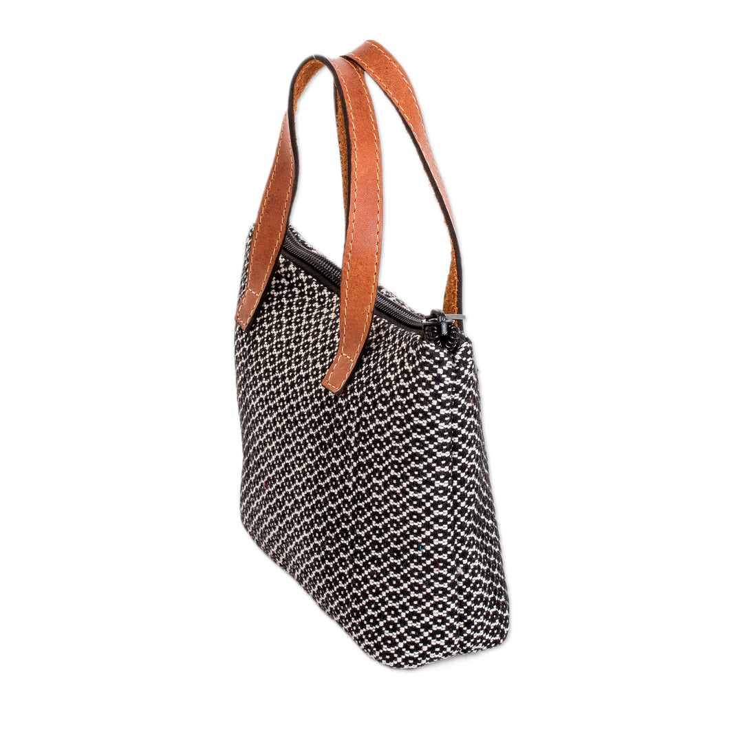 Handloomed Leather-Accented Onyx and White Cotton Handbag - Onyx Time