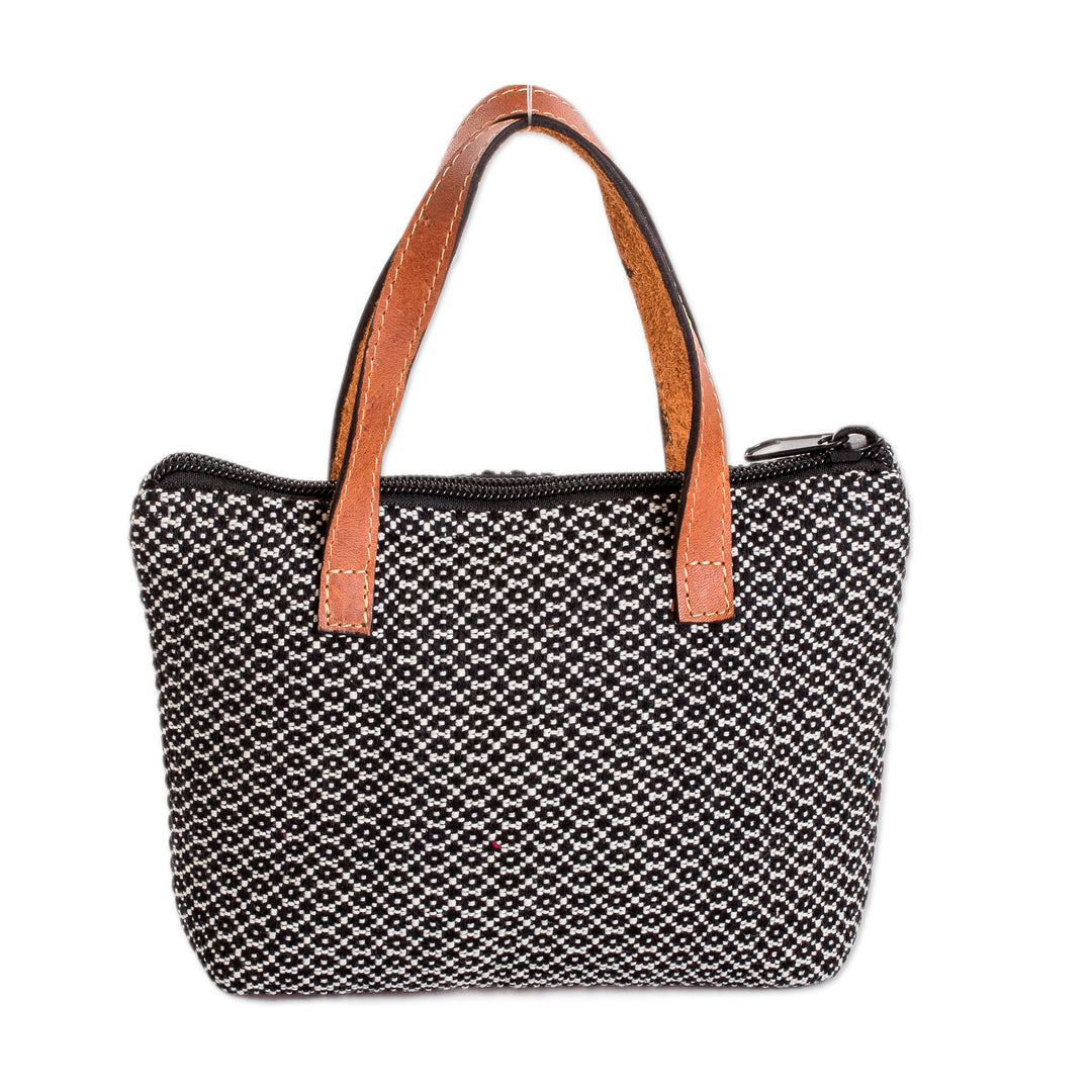 Handloomed Leather-Accented Onyx and White Cotton Handbag - Onyx Time