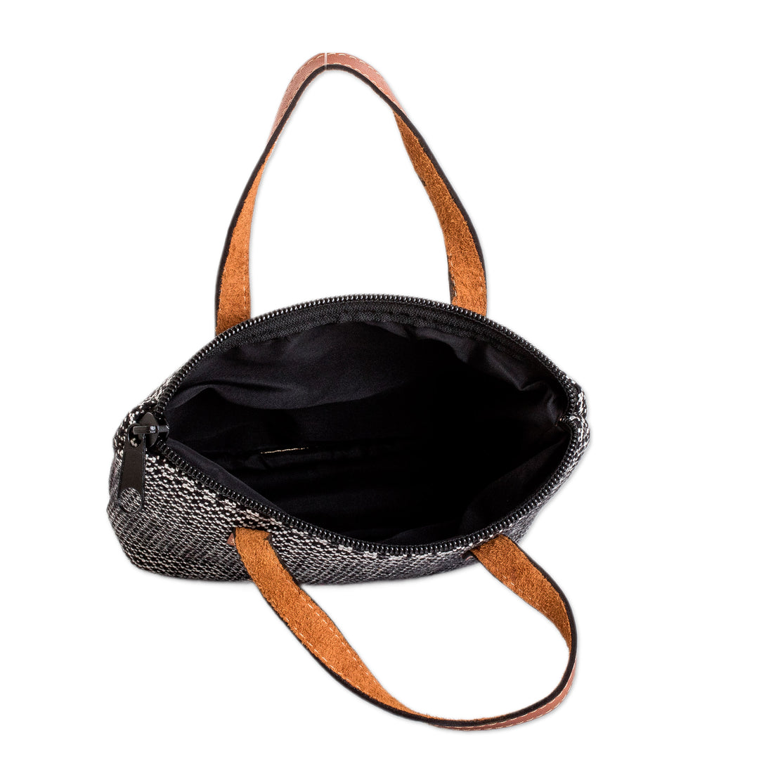 Handloomed Leather-Accented Onyx and White Cotton Handbag - Onyx Time