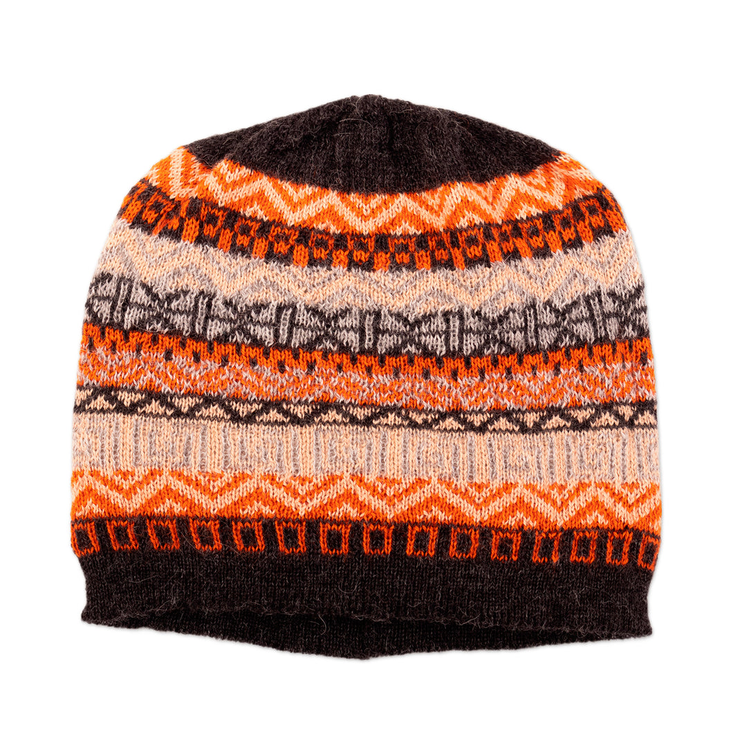 Hand Knit 100% Baby Alpaca Hat in Grey Orange Ivory & Black - Highland Roads
