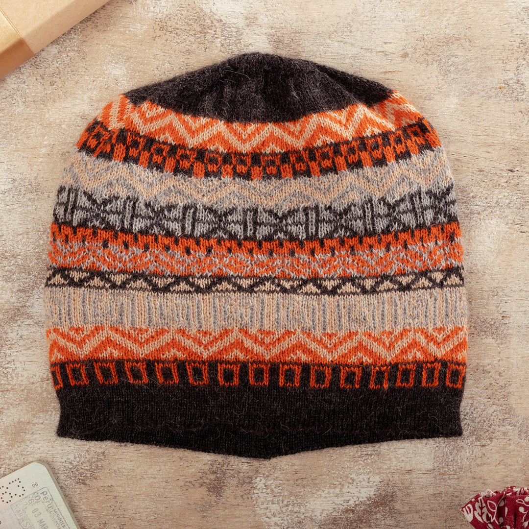 Hand Knit 100% Baby Alpaca Hat in Grey Orange Ivory & Black - Highland Roads