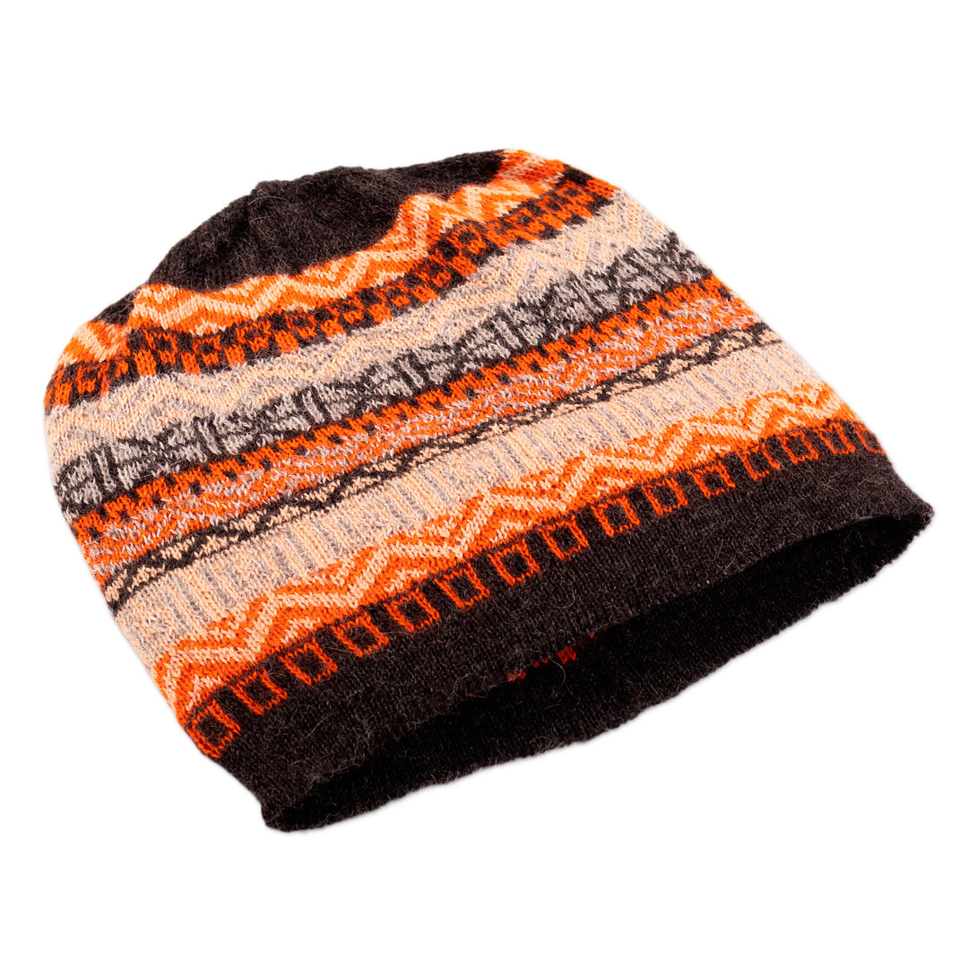 Hand Knit 100% Baby Alpaca Hat in Grey Orange Ivory & Black - Highland Roads