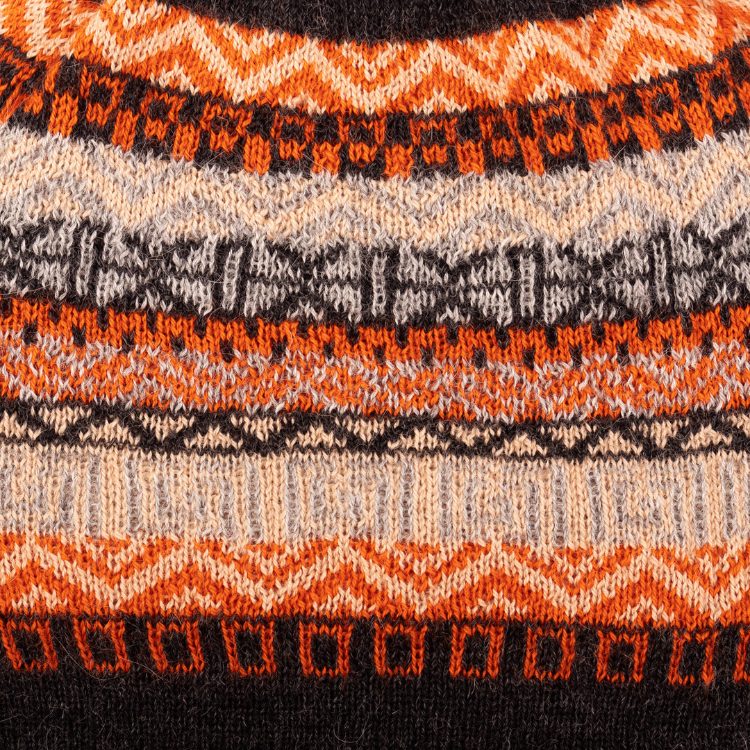 Hand Knit 100% Baby Alpaca Hat in Grey Orange Ivory & Black - Highland Roads
