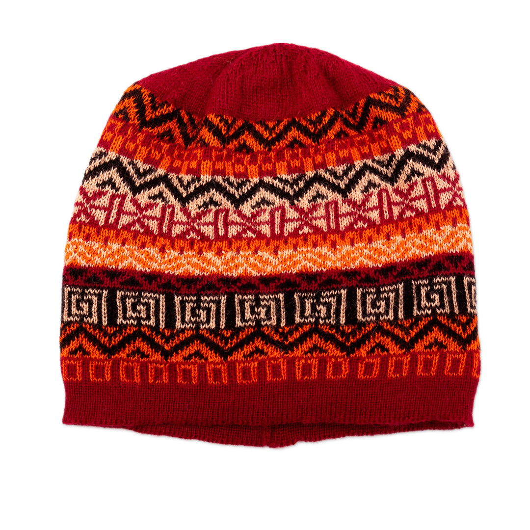 Hand Knit 100% Baby Alpaca Hat in Red Shades from Peru - Sunrise in the Andes