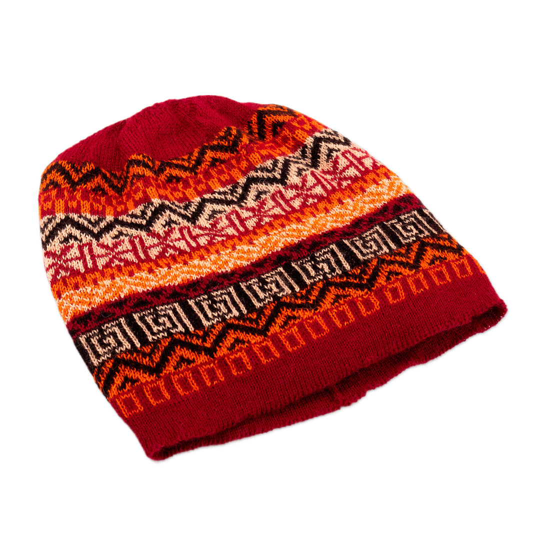 Hand Knit 100% Baby Alpaca Hat in Red Shades from Peru - Sunrise in the Andes