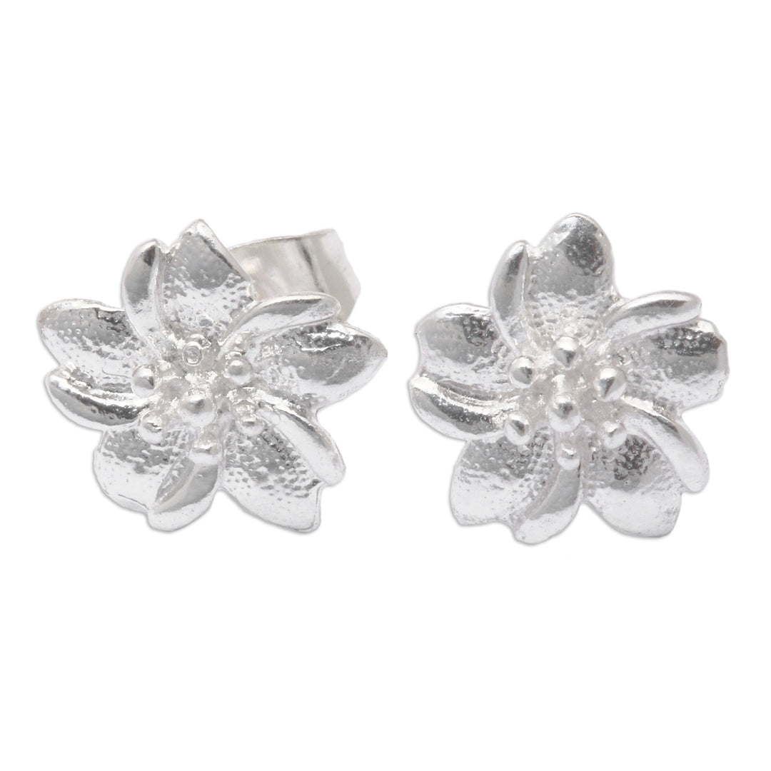 Textured Polished Sterling Silver Floral Stud Earrings - Amaryllis Flower Beauty