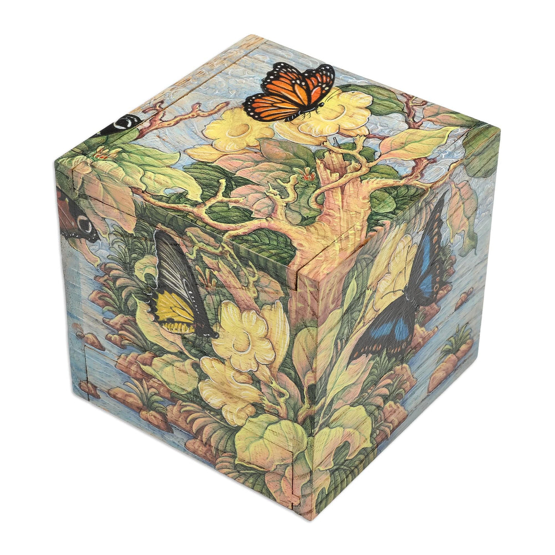 Butterfly Leaf & Floral-Themed Hand-Painted Wood Jewelry Box - Tropical Forest