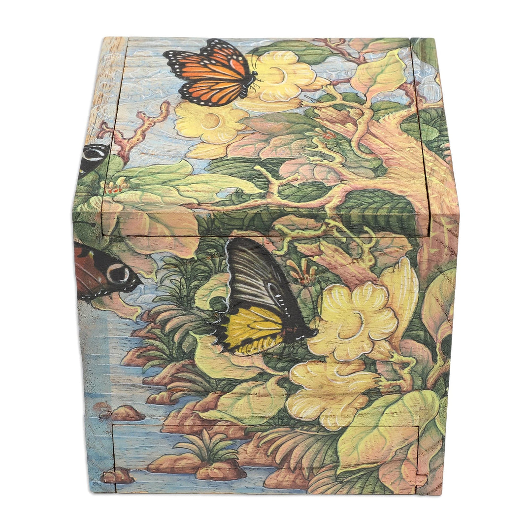 Butterfly Leaf & Floral-Themed Hand-Painted Wood Jewelry Box - Tropical Forest