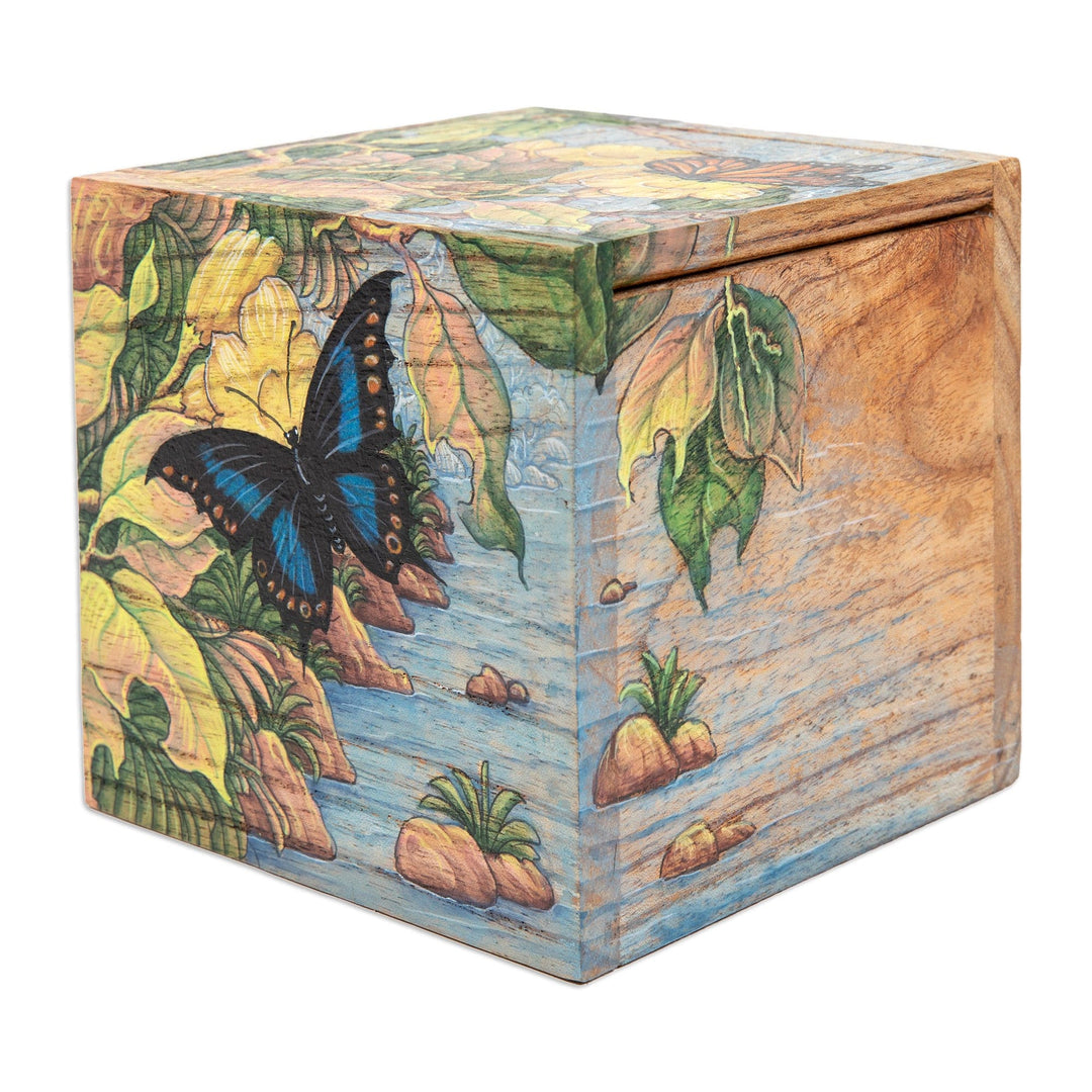 Butterfly Leaf & Floral-Themed Hand-Painted Wood Jewelry Box - Tropical Forest