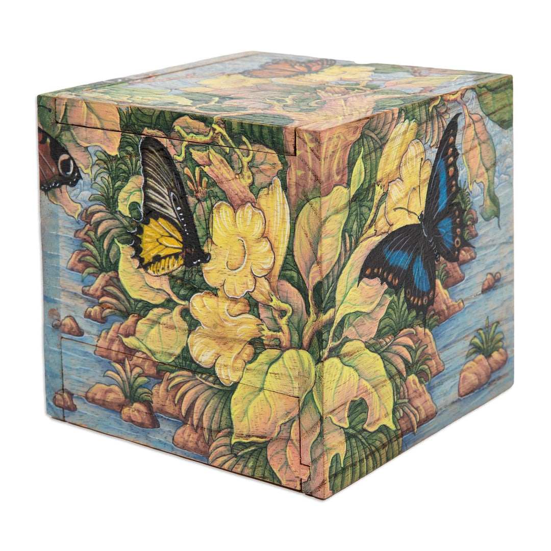 Butterfly Leaf & Floral-Themed Hand-Painted Wood Jewelry Box - Tropical Forest
