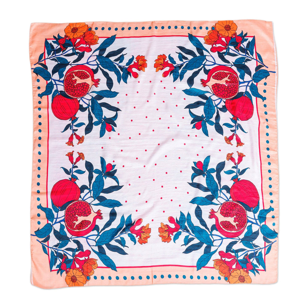 Hand-Woven 100% Silk Scarf with Pomegranate & Floral Motifs - Pomegranate Magic