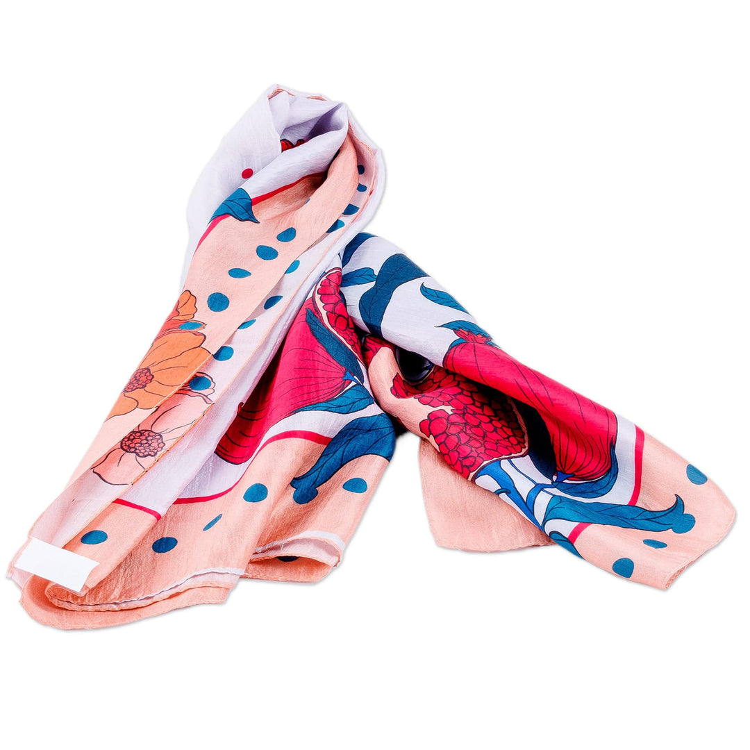 Hand-Woven 100% Silk Scarf with Pomegranate & Floral Motifs - Pomegranate Magic