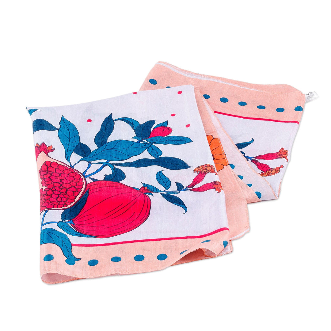 Hand-Woven 100% Silk Scarf with Pomegranate & Floral Motifs - Pomegranate Magic