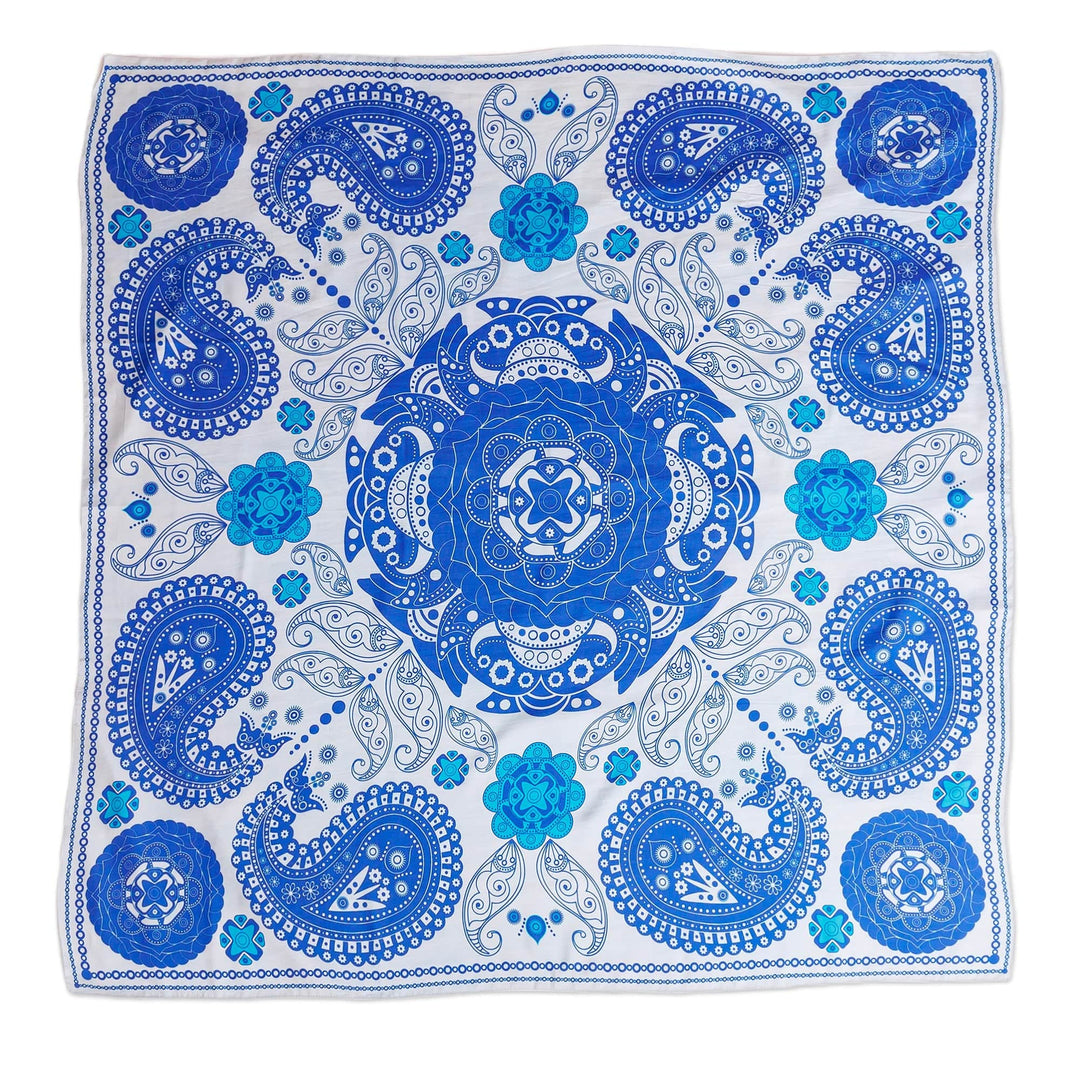 Hand-Woven 100% Silk Blue Paisley-Themed Square Scarf - Blue Paisley