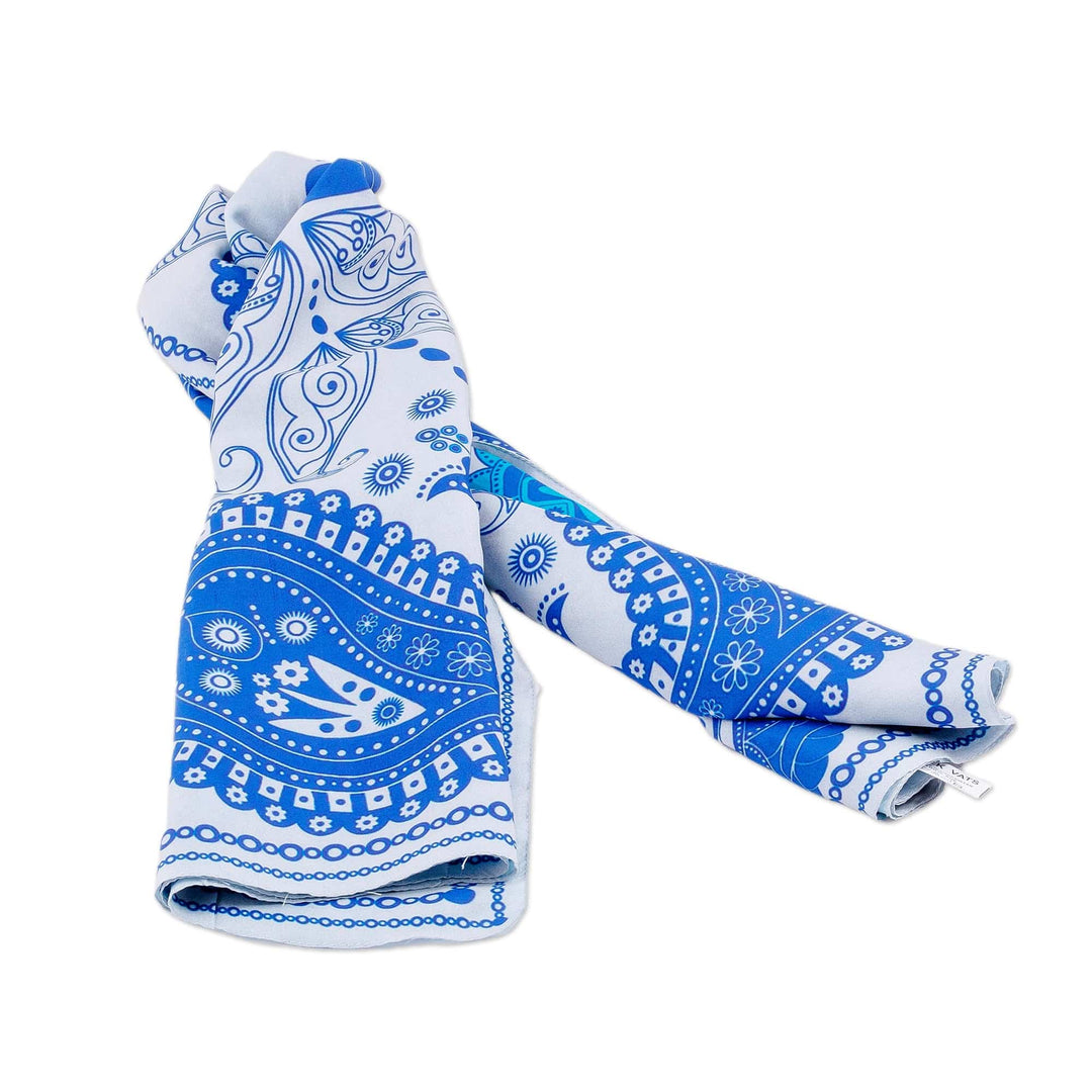 Hand-Woven 100% Silk Blue Paisley-Themed Square Scarf - Blue Paisley