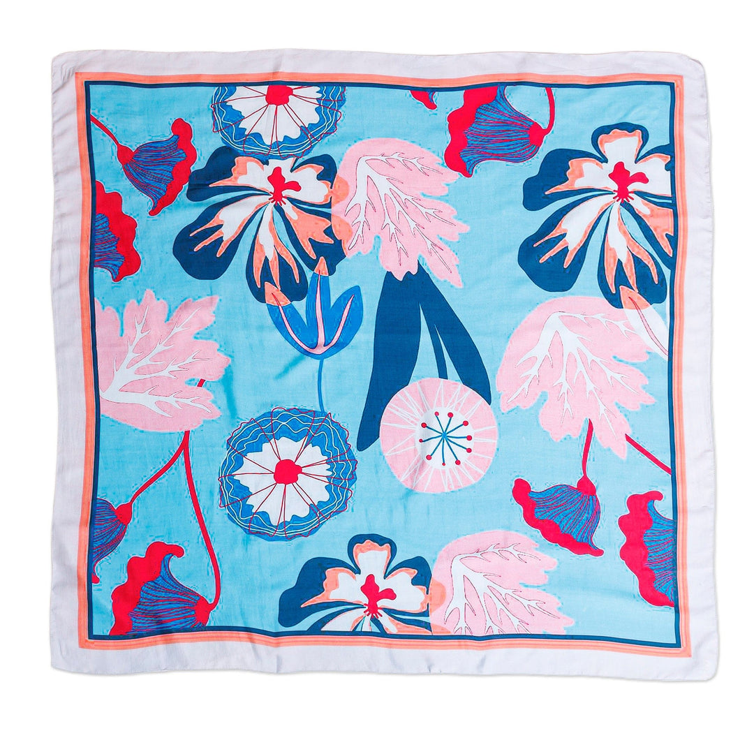 Hand-Woven 100% Silk Square Scarf with Floral & Leaf Motifs - Modern Garden