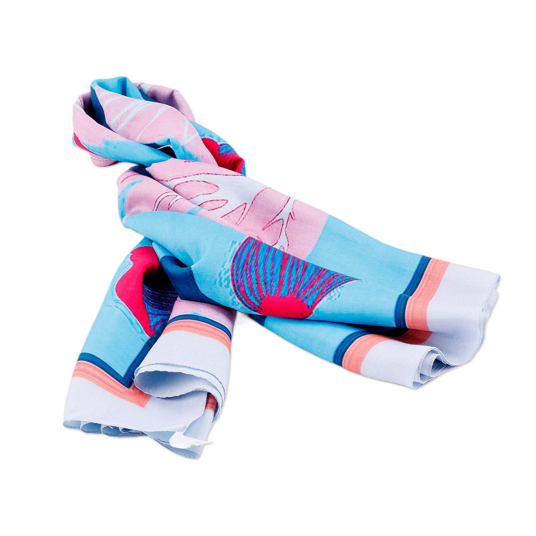 Hand-Woven 100% Silk Square Scarf with Floral & Leaf Motifs - Modern Garden