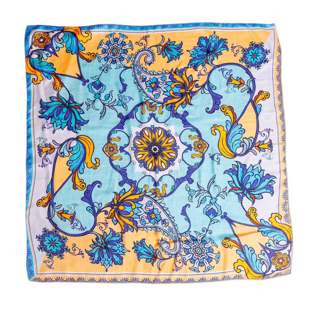 Hand-Woven 100% Silk Floral Square Scarf in Blue and Yellow - Floral Allure