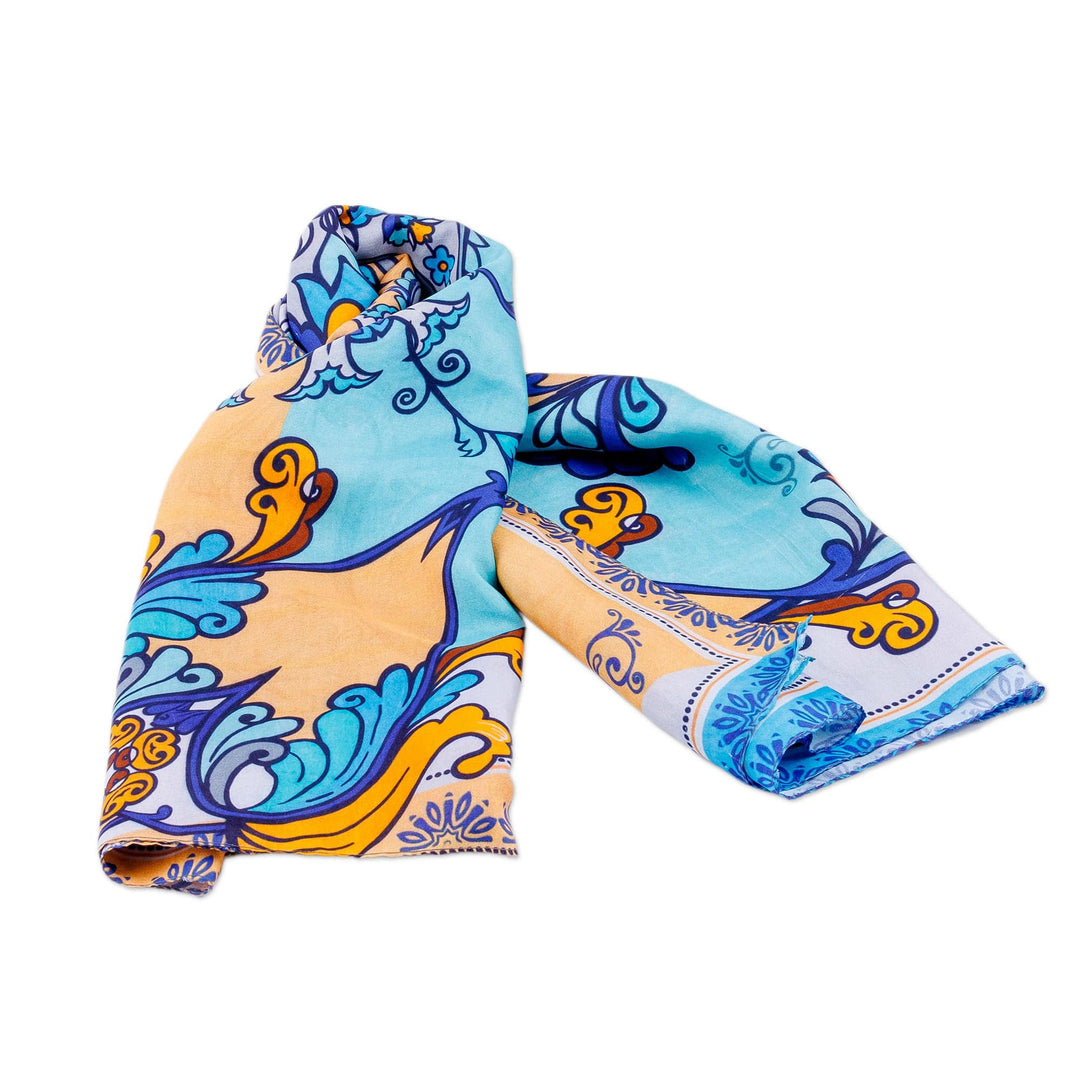 Hand-Woven 100% Silk Floral Square Scarf in Blue and Yellow - Floral Allure