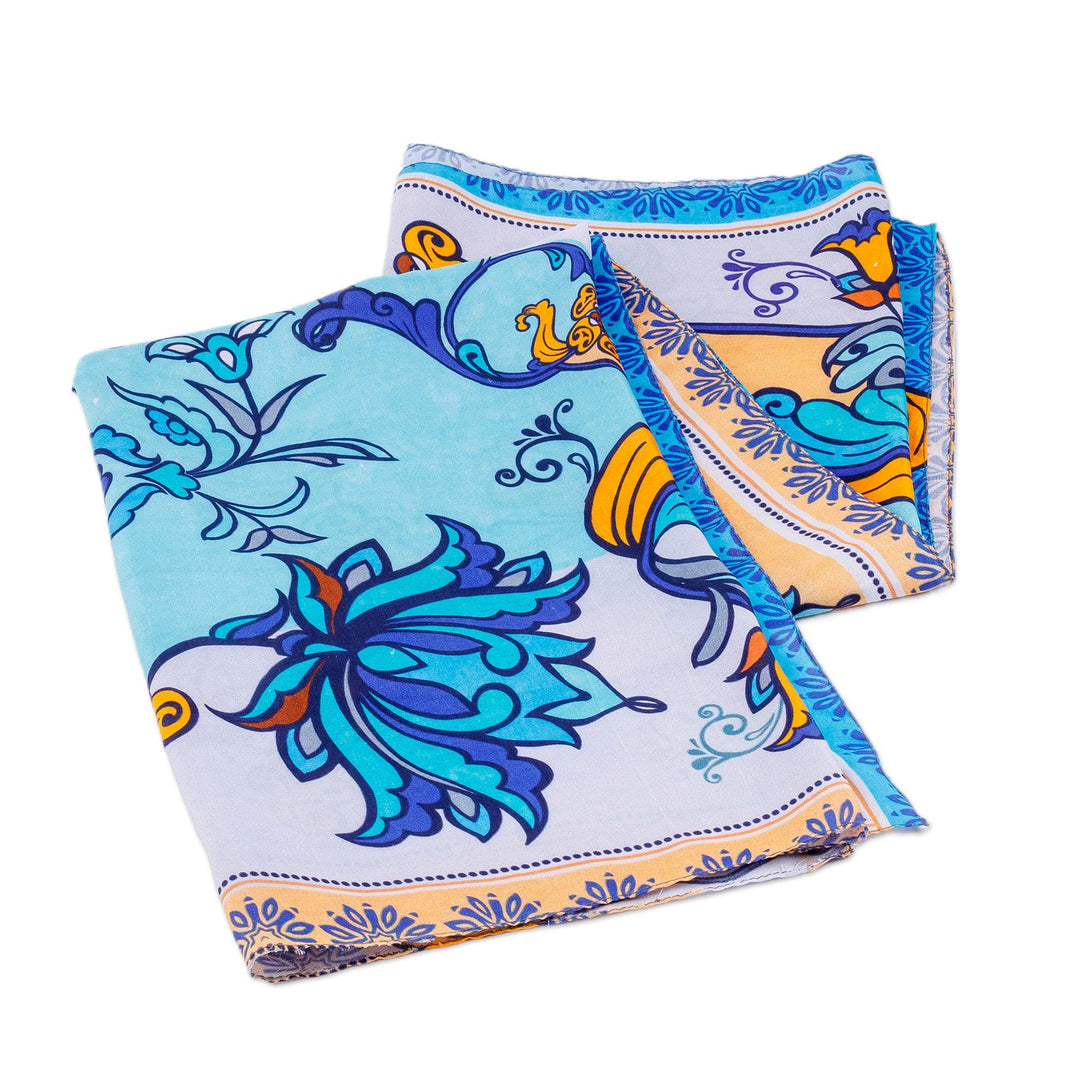 Hand-Woven 100% Silk Floral Square Scarf in Blue and Yellow - Floral Allure