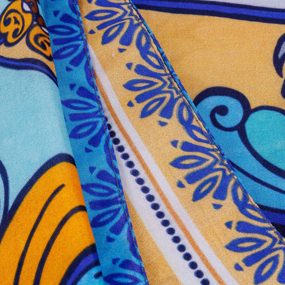 Hand-Woven 100% Silk Floral Square Scarf in Blue and Yellow - Floral Allure