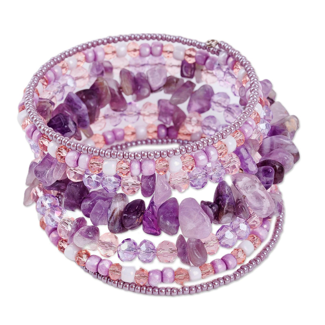 Handmade Natural Amethyst and Crystal Beaded Wrap Bracelet - Auras of Wisdom