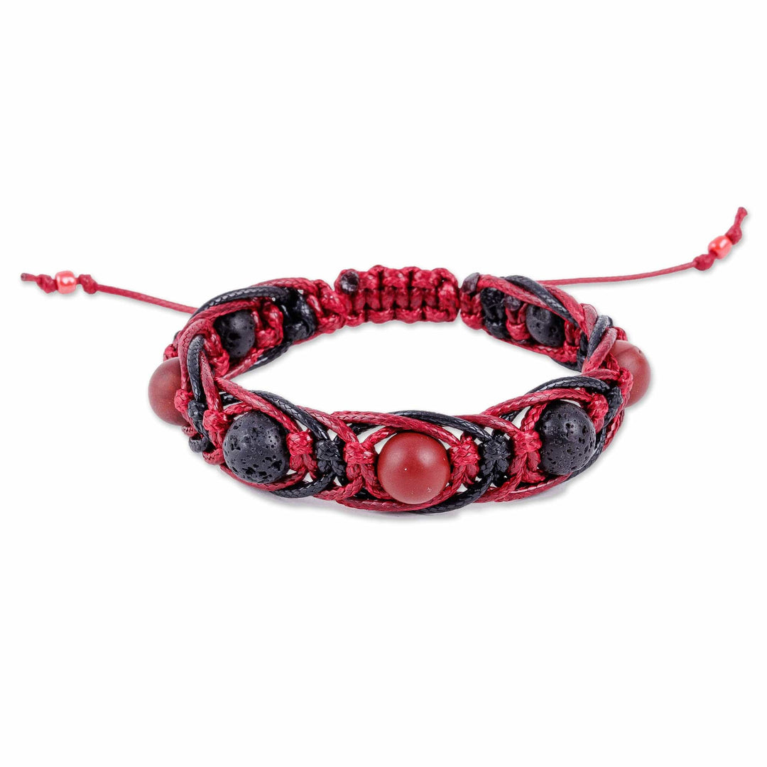 Adjustable Red and Black Macrame Bracelet with Jasper Gems - Red Calls