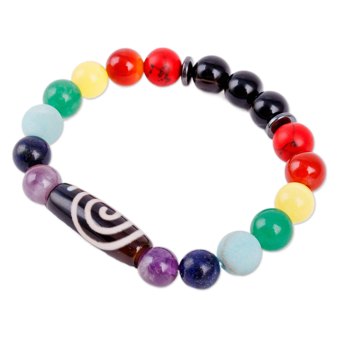 Spiral Dzi Multi-Gemstone Beaded Stretch Pendant Bracelet - Rainbow Dzi