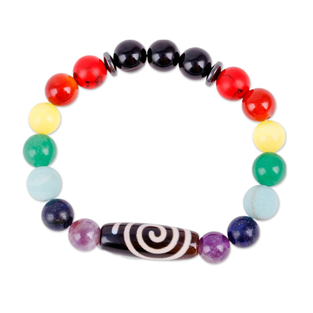 Spiral Dzi Multi-Gemstone Beaded Stretch Pendant Bracelet - Rainbow Dzi