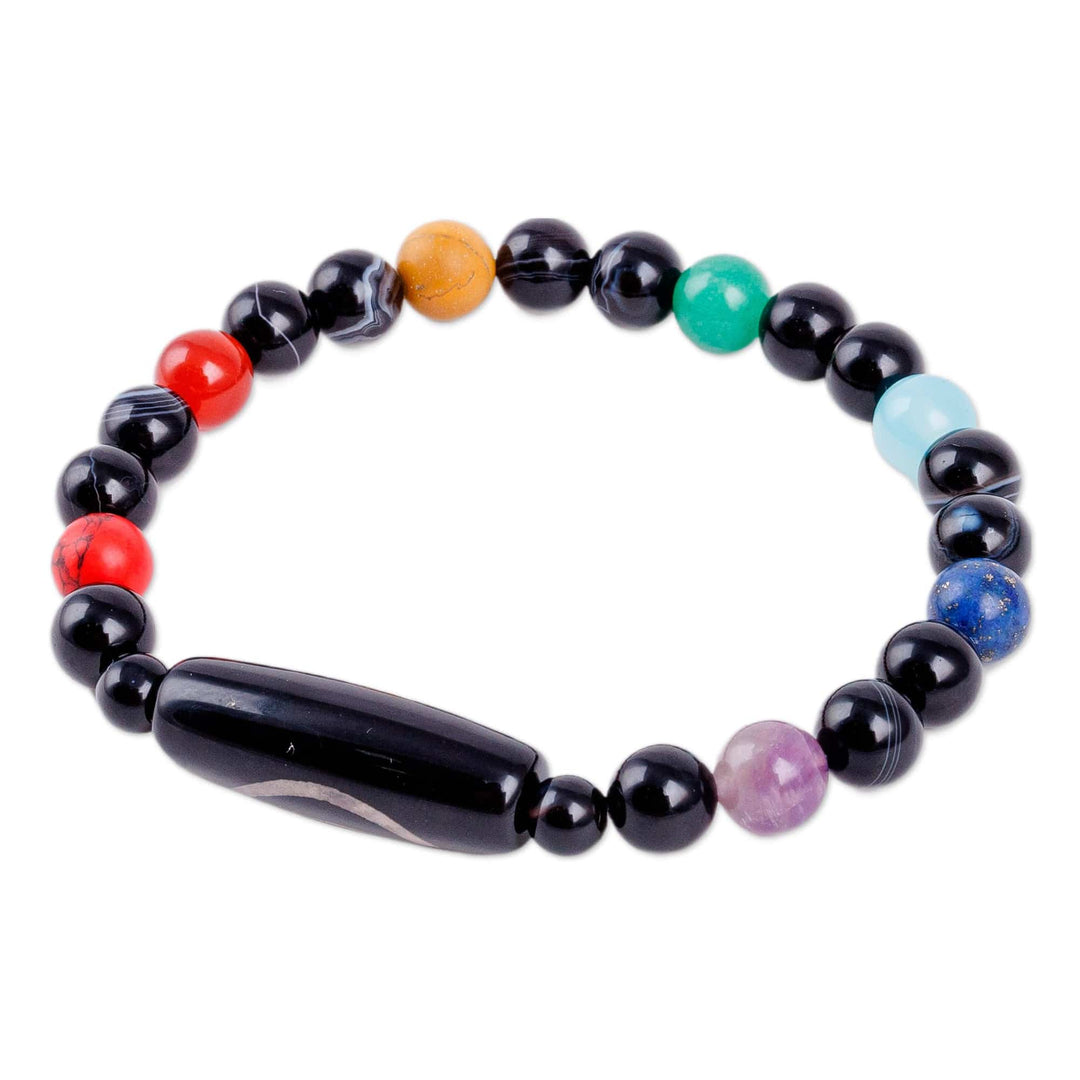 Colorful Spiral Dzi Multi-Gemstone Beaded Pendant Bracelet - Harmonious Dzi