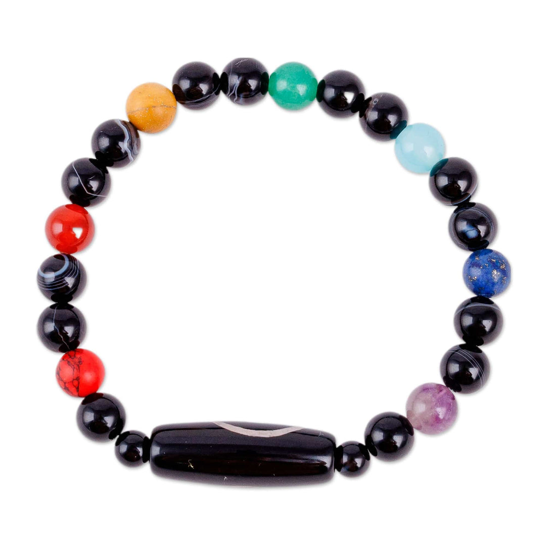 Colorful Spiral Dzi Multi-Gemstone Beaded Pendant Bracelet - Harmonious Dzi