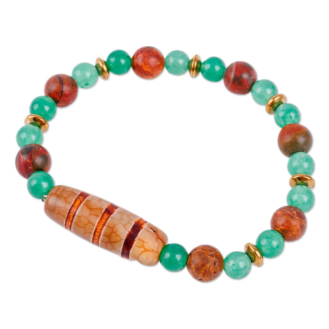 Green and Brown Striped Dzi Multi-Gemstone Beaded Bracelet - Island Dzi