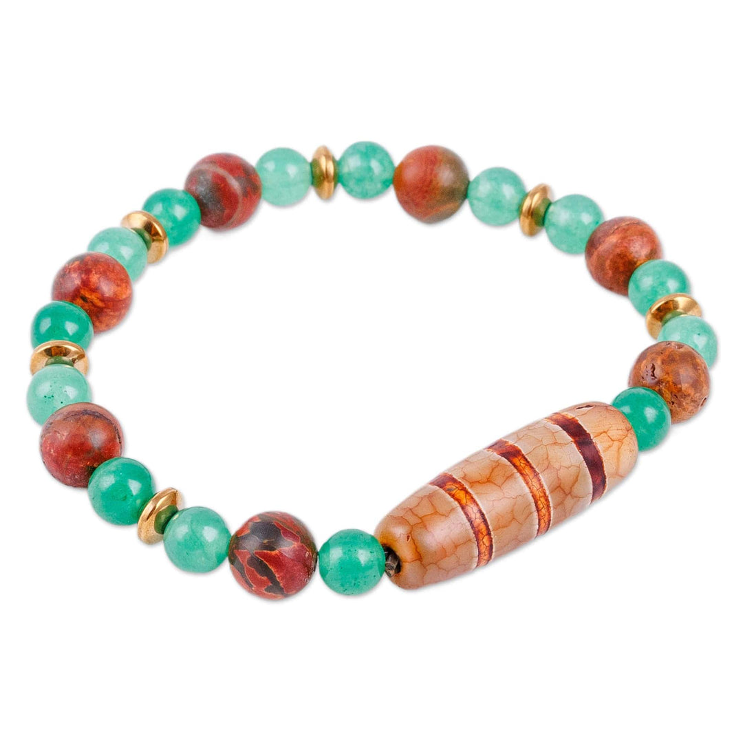 Green and Brown Striped Dzi Multi-Gemstone Beaded Bracelet - Island Dzi