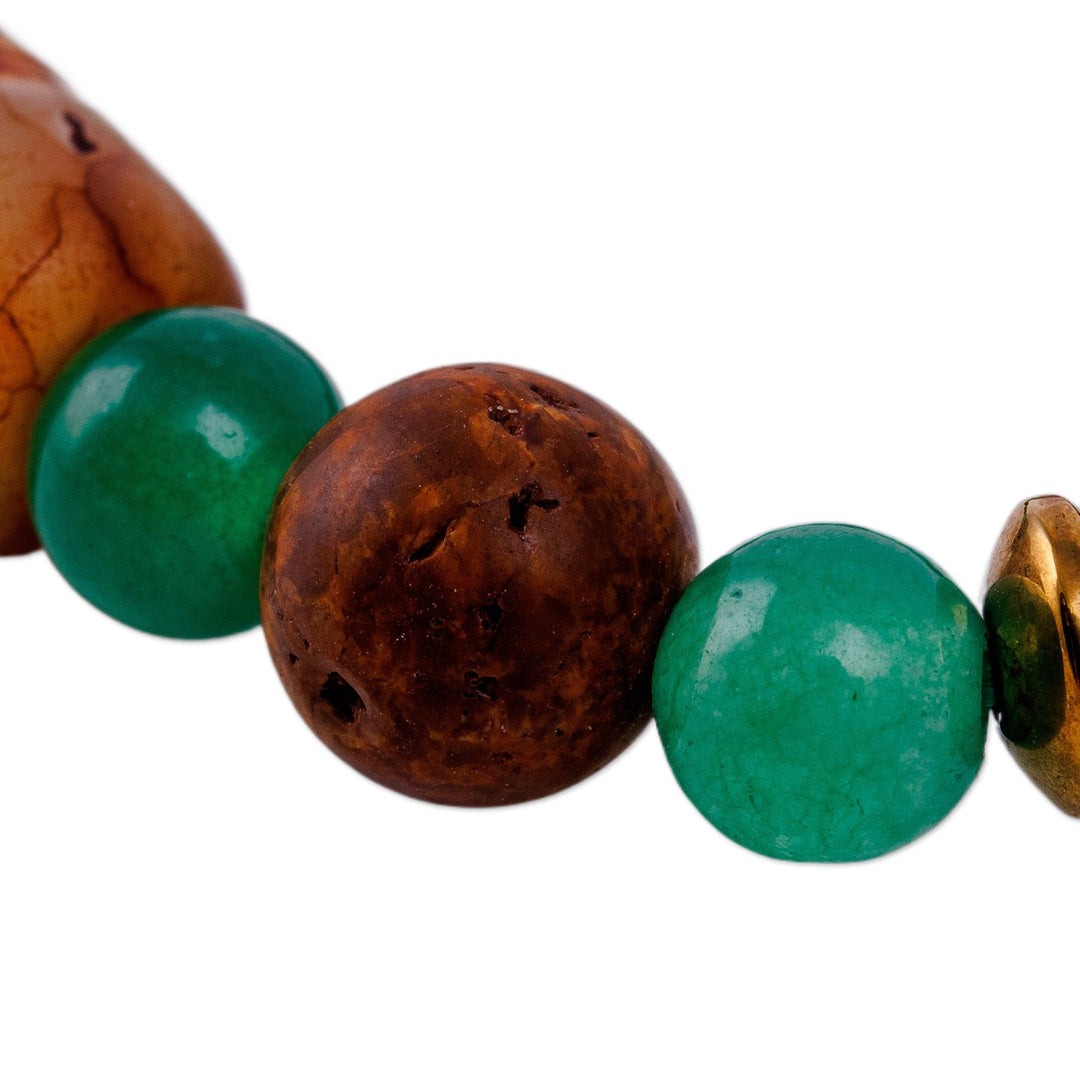 Green and Brown Striped Dzi Multi-Gemstone Beaded Bracelet - Island Dzi