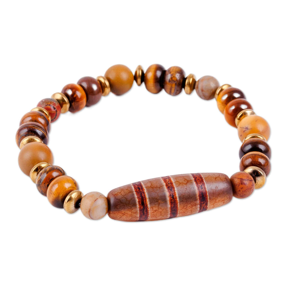 Brown Striped Dzi Multi-Gemstone Beaded Pendant Bracelet - Earthy Dzi
