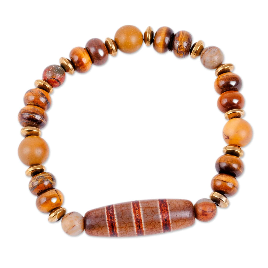 Brown Striped Dzi Multi-Gemstone Beaded Pendant Bracelet - Earthy Dzi