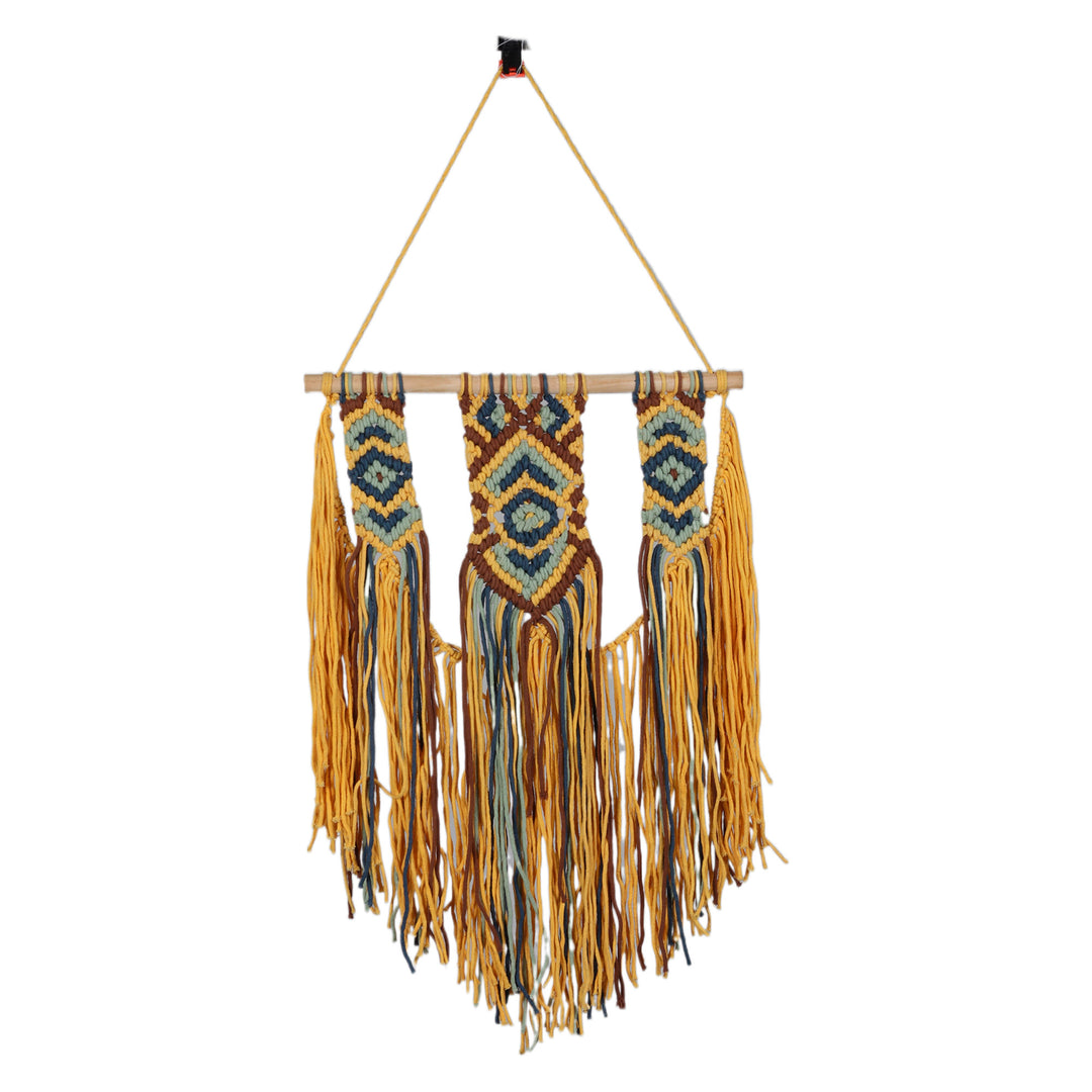 Handwoven Yellow and Blue Cotton Wall Hanging from India - Summer Waterfall