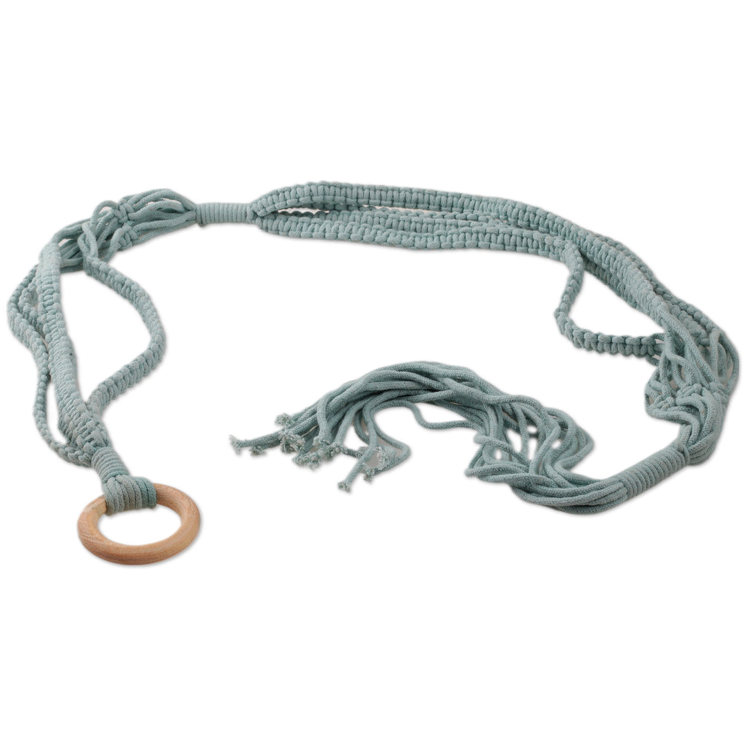 Handwoven Blue Macrame Cotton Hanging Planter with Wood Ring - Blue Element