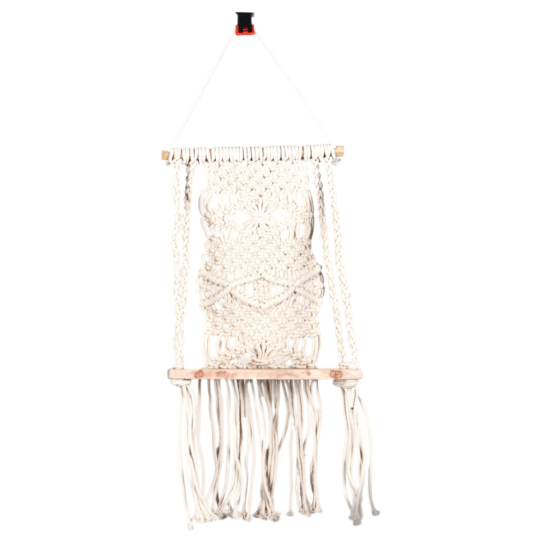 Handwoven Wood and Beige Cotton Macrame Hanging Shelf - Cascade of Serenity