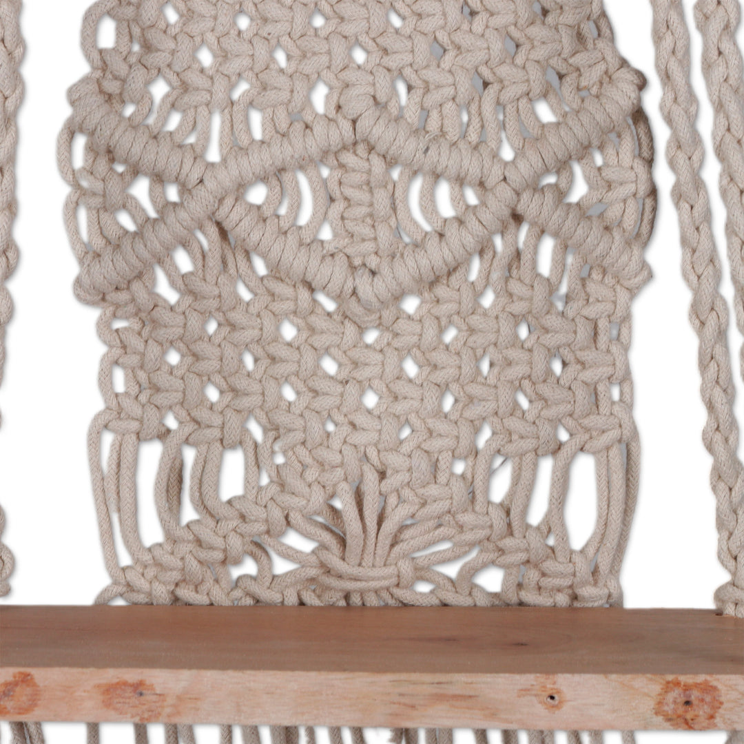Handwoven Wood and Beige Cotton Macrame Hanging Shelf - Cascade of Serenity