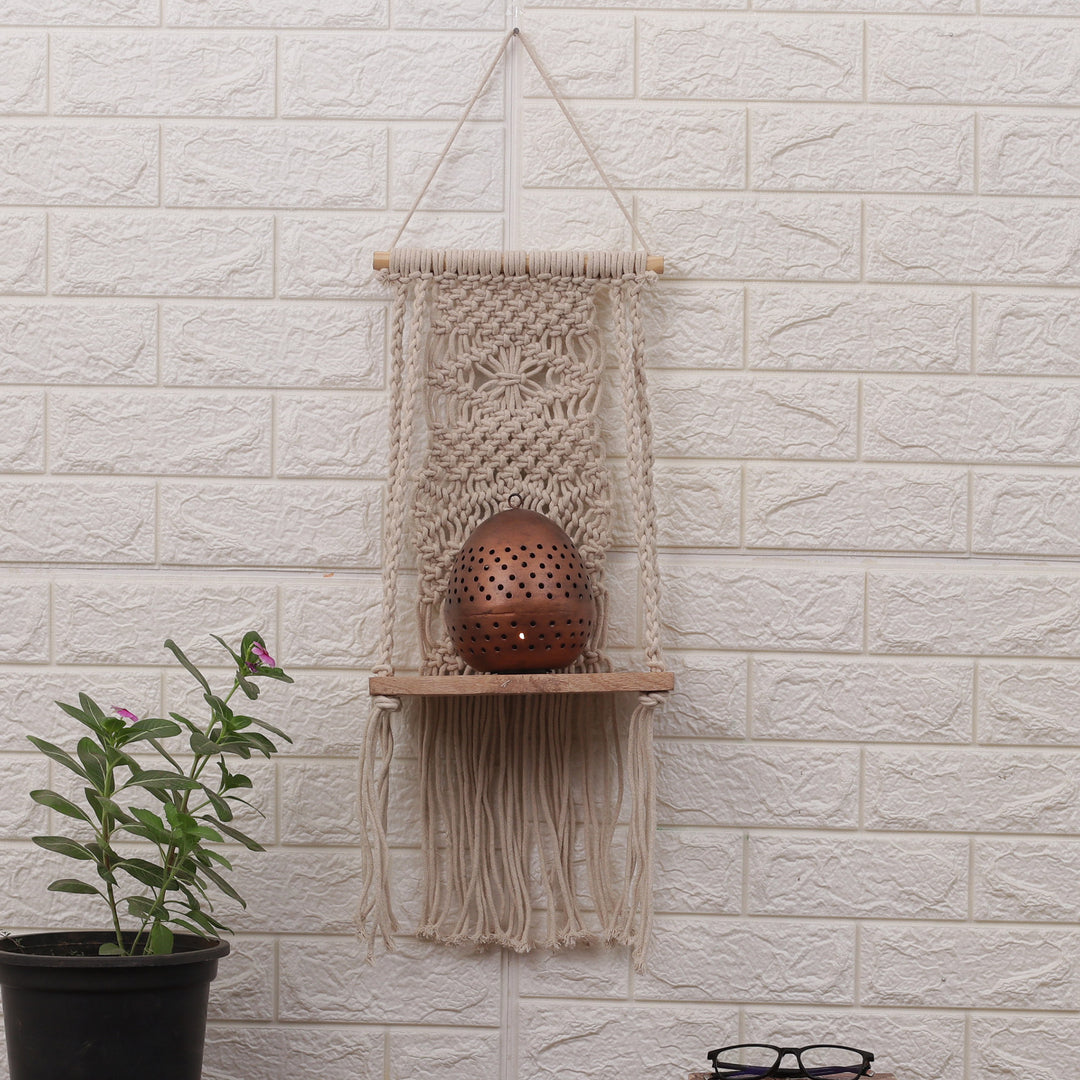 Handwoven Wood and Beige Cotton Macrame Hanging Shelf - Cascade of Serenity