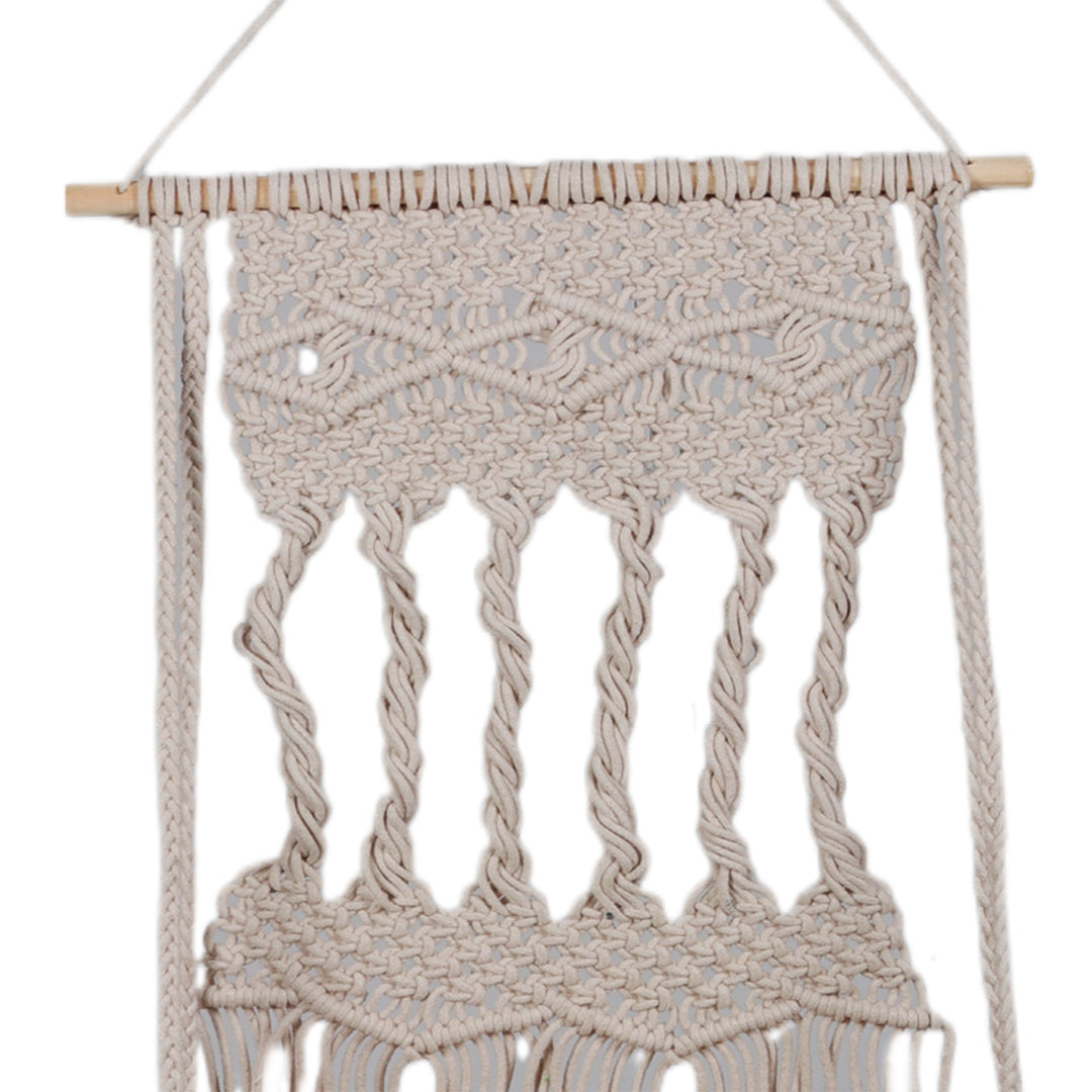 Woven Beige Cotton Macrame Hanging Shelf with Wood Accents - Serene Twists